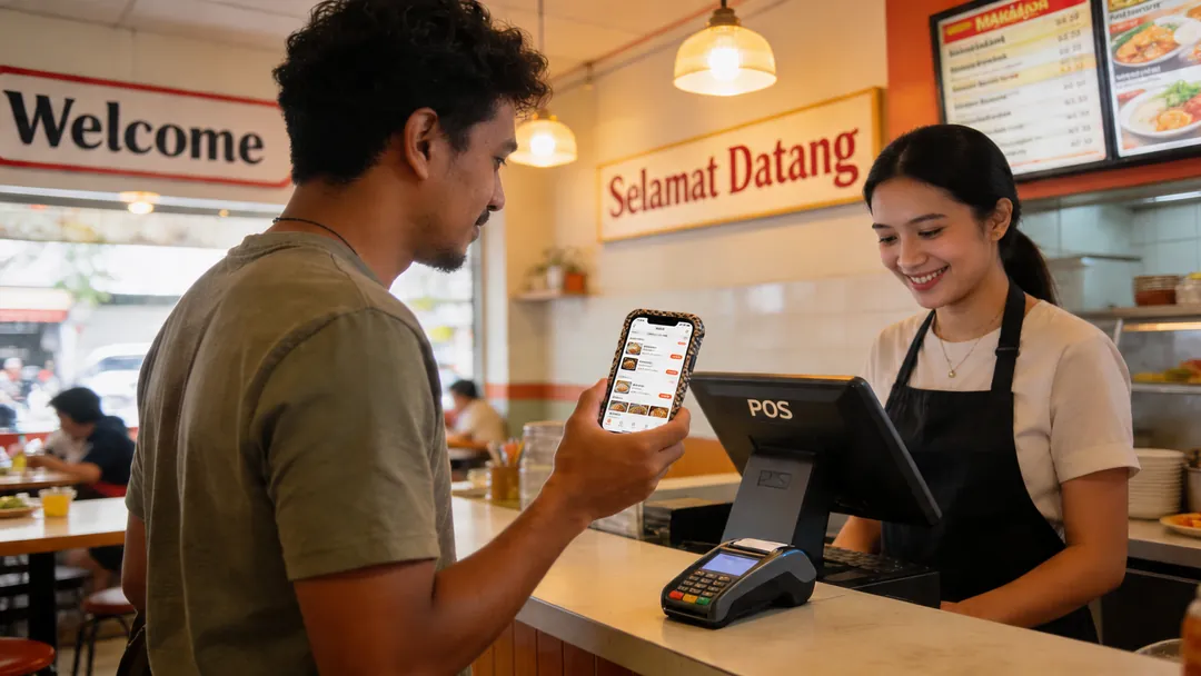 Customer showing the Dianping app on his phone to redeem a group-buy deal at an eatery counter