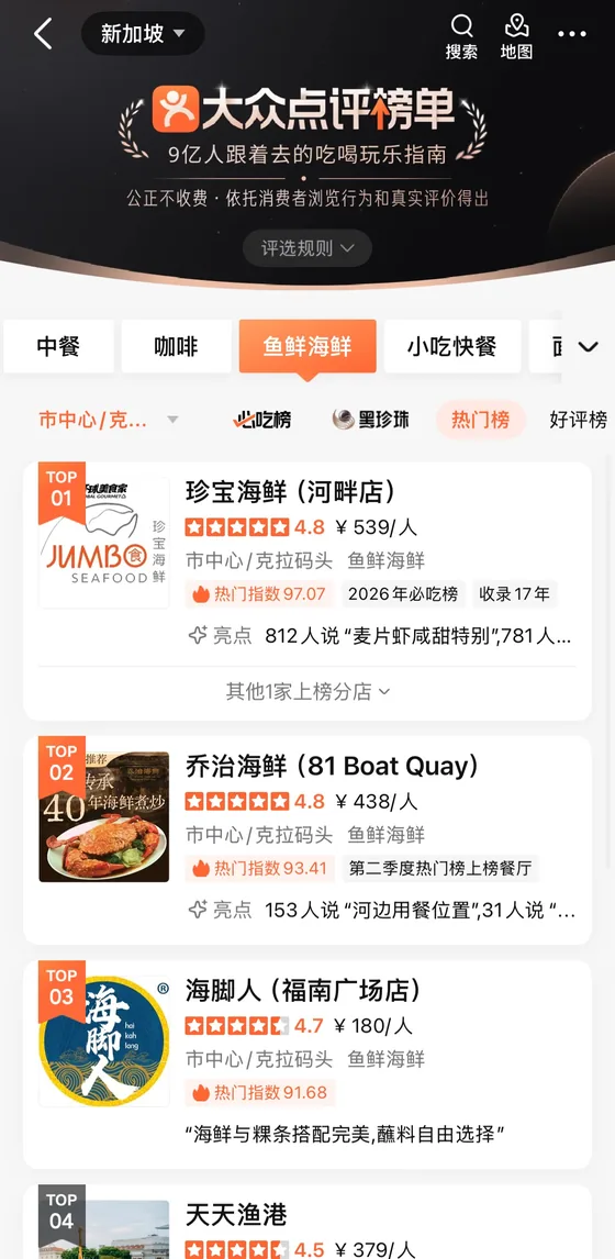 Dianping popular seafood restaurants ranking in Singapore