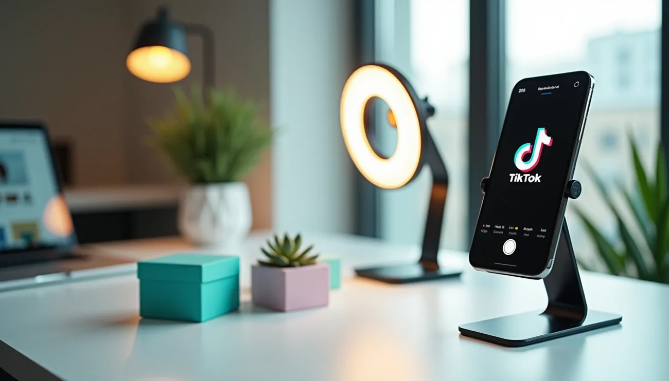 Smartphone displaying TikTok app on a desk with plants, a laptop, and a ring light in the background.