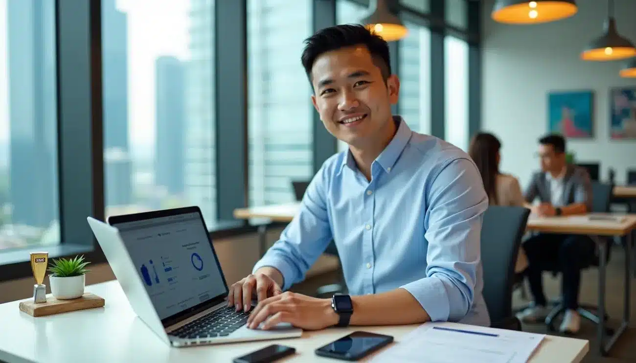 Businessman working on a laptop displaying data charts in a modern office with colleagues in the background.