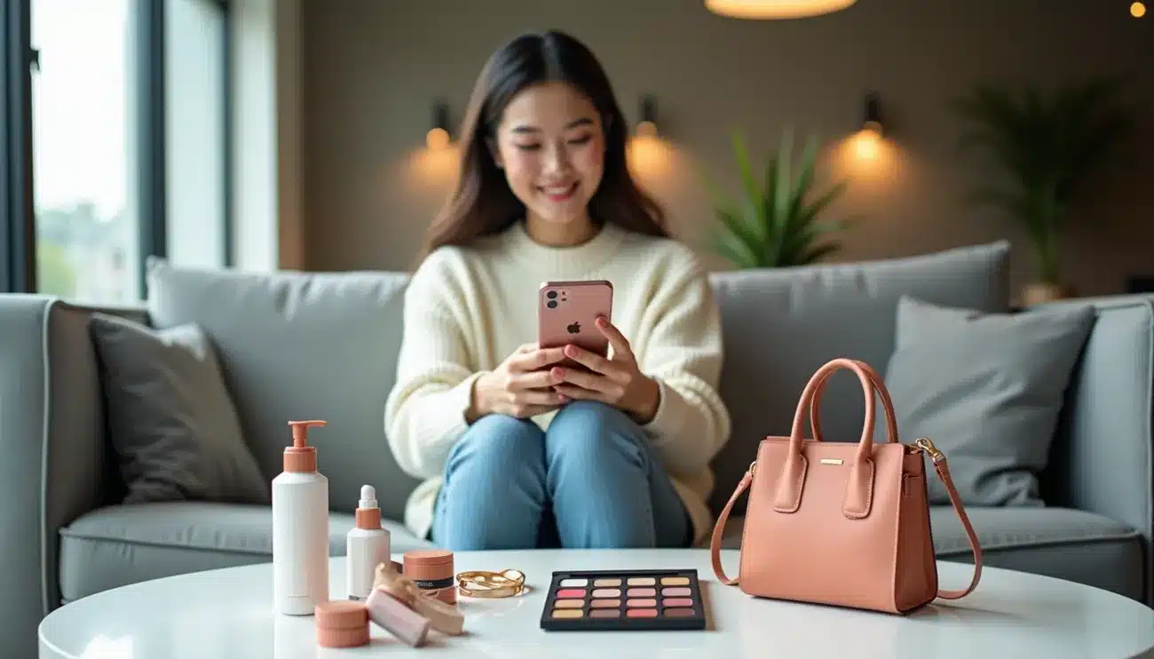 Woman sitting on a couch using a smartphone with makeup products and a pink handbag on the table in front of her.